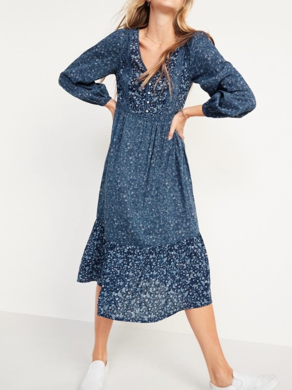 Old Navy Long Sleeve Tiered Midi Dress 3X Fit & Flare Boho Cottagecore Navy Blue